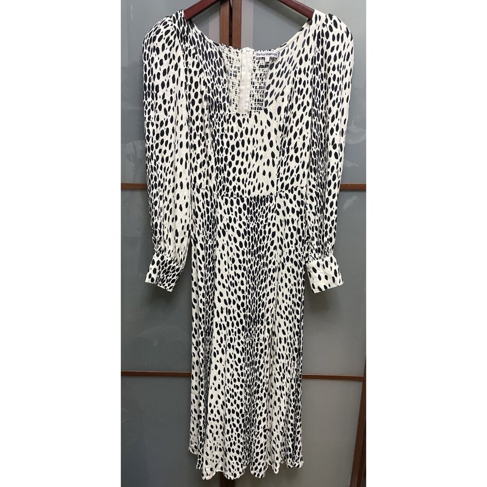 Reformation Alessi Animal Print Midi Dress Side Slit Smocked Long Sleeve Size 6